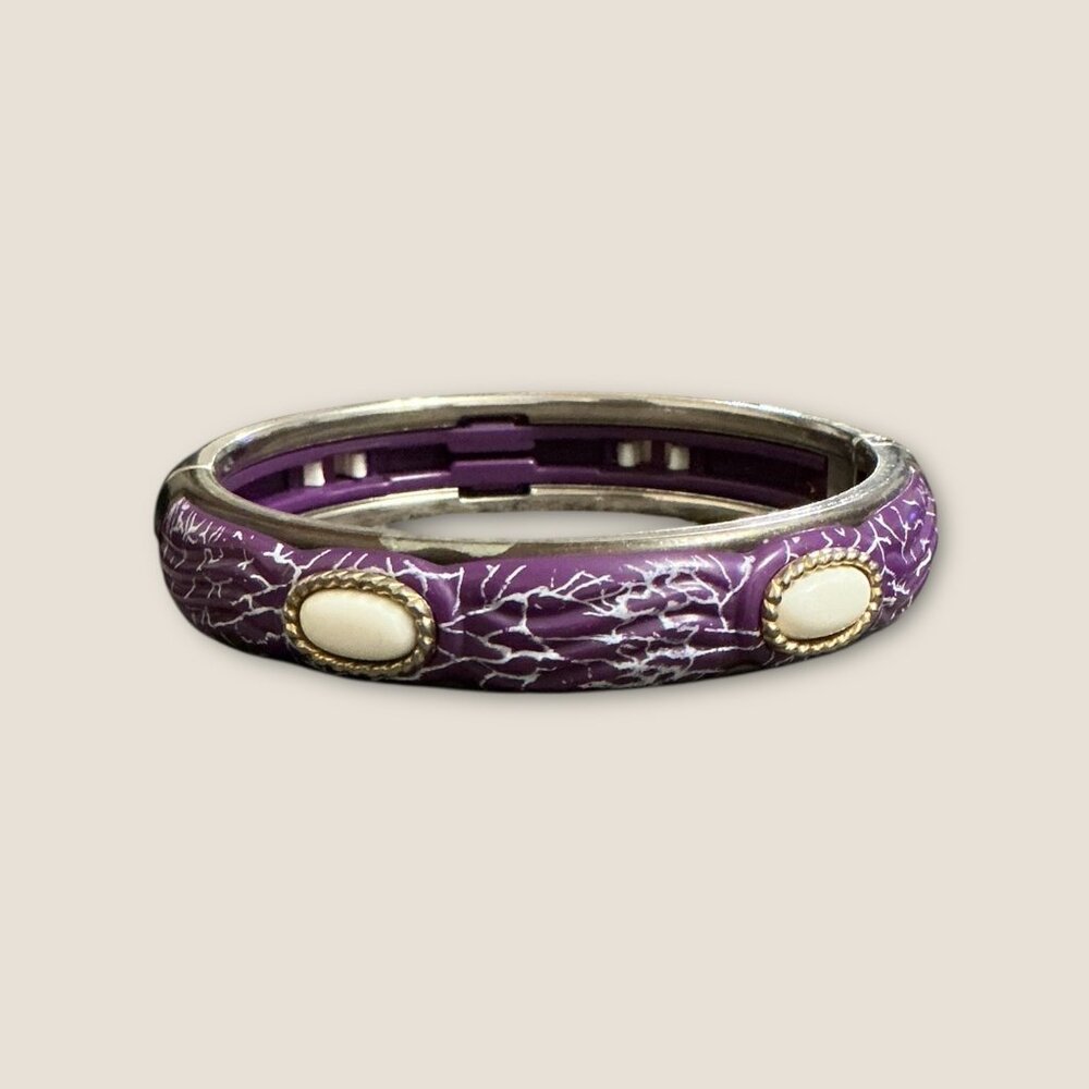 Purple & White Crackle Enamel Bangle Bracelet With White Oval Accents